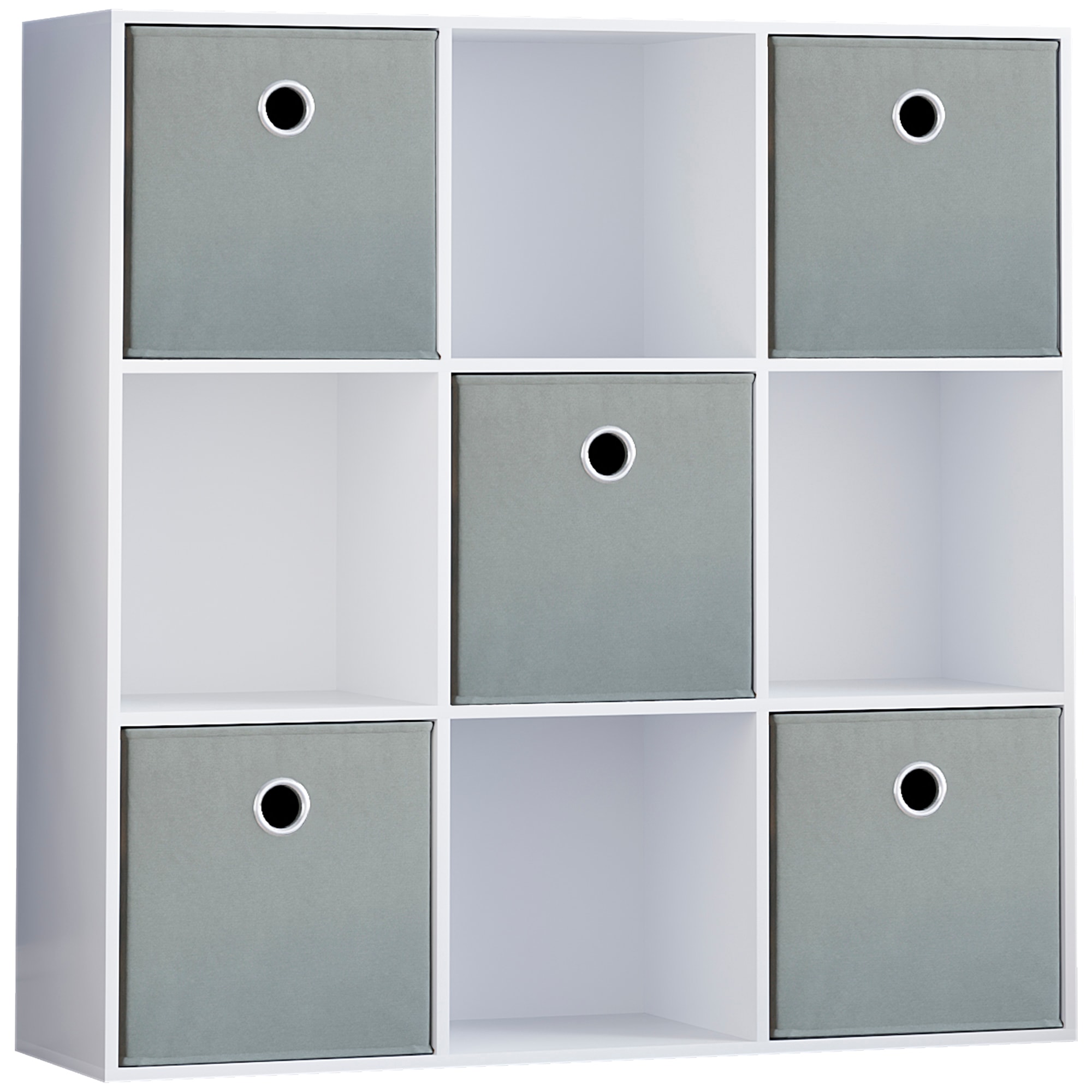 Vida Designs Durham 3x3 Cube Storage Unit, White & Set of 5 Grey Cube Storage Baskets