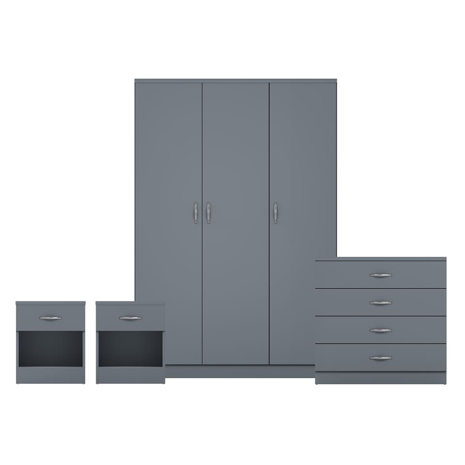 image 1 of Vida Designs Riano 4 Piece Bedroom Set (1 Drawer Bedside Chest, 4 Drawer Chest, 3 Door Wardrobe), Grey (6)