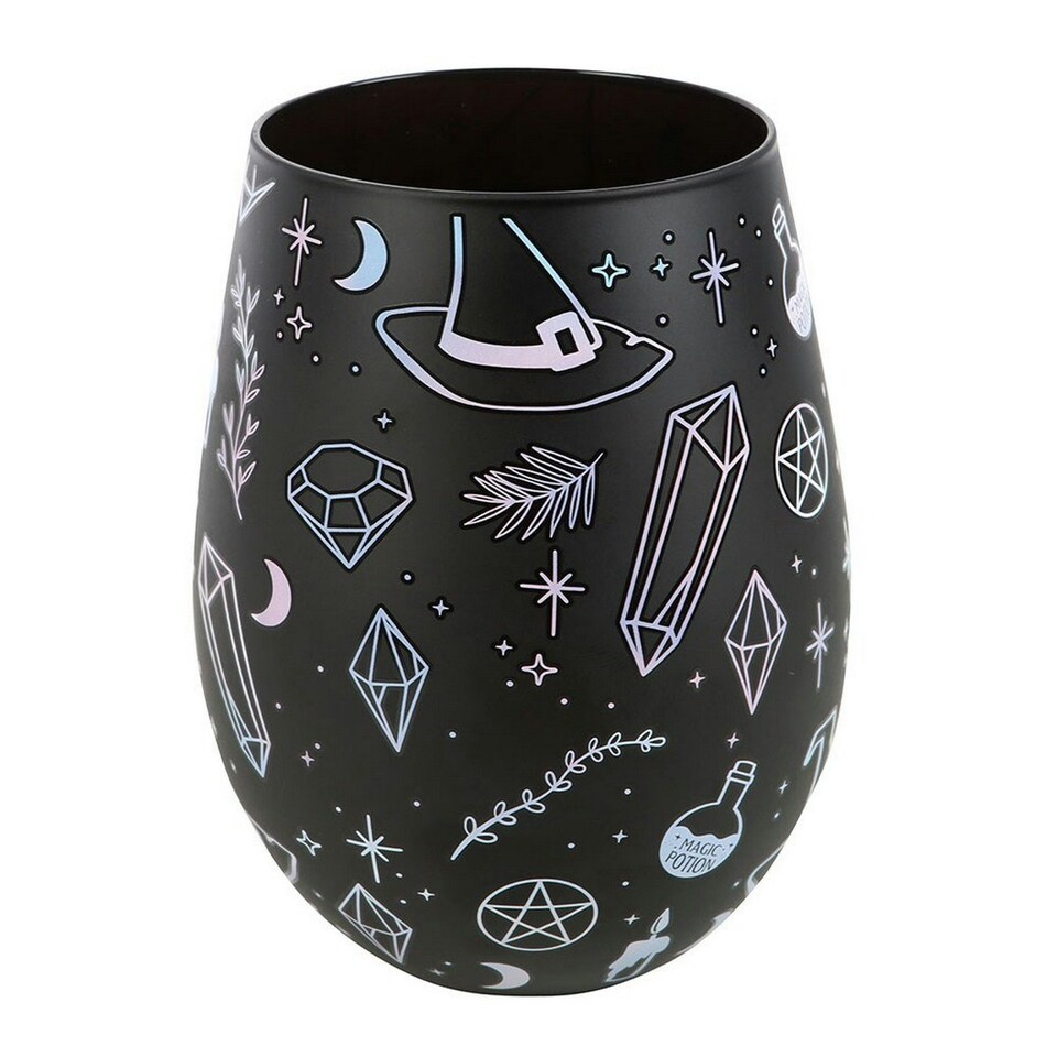 image 1 of Something Different Crystal Witch Print Stemless Wine Glass - Black/Blue - One Size