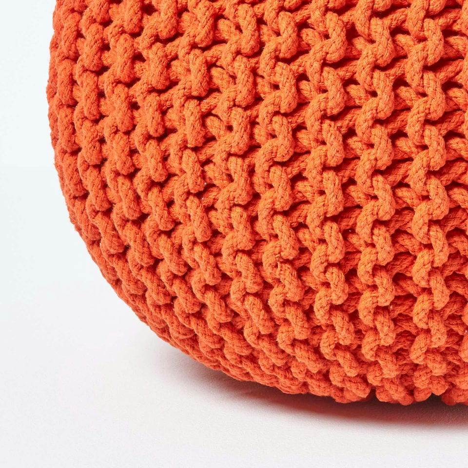 image 1 of Homescapes Burnt Orange Round Cotton Knitted Pouffe Footstool - 35 x 40 cm | Orange | H 35cm x W 40cm