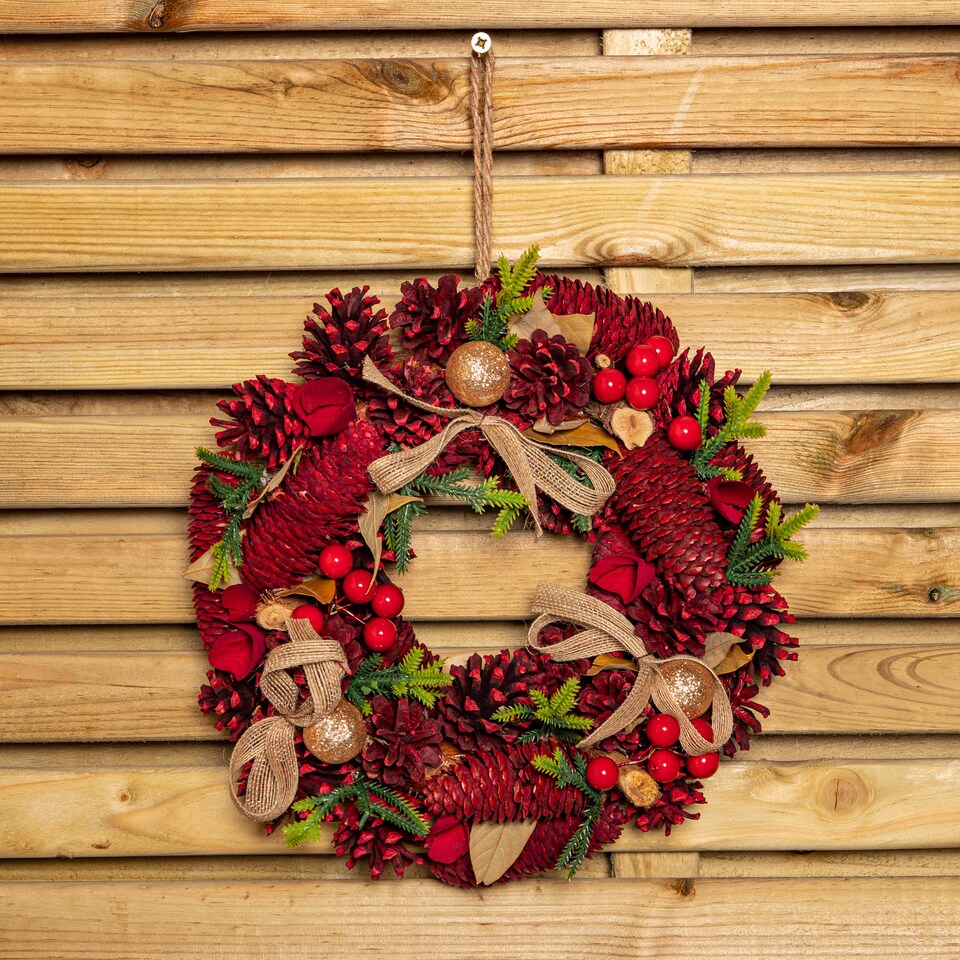 image 1 of 30cm Red Rose Hanging Christmas Wreath with Pinecones & Red Berries