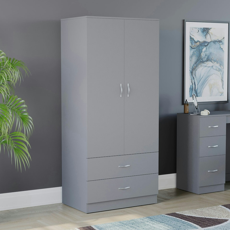 image 1 of Vida Designs Riano 2 Door 2 Drawer Wardrobe With Shelf & Clothes Rail, Grey