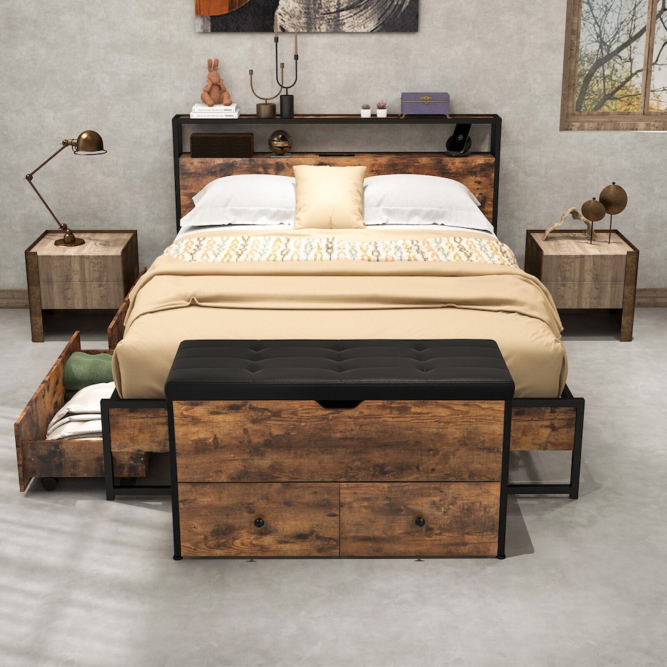 image 1 of COSTWAY Storage Ottoman Bench Flip Top Storage Chest with 2 Drawers Wooden Storage Bench