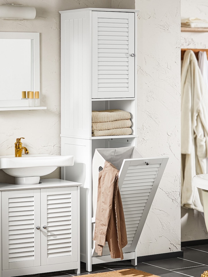 image 1 of SoBuy BZR124-W,Tall Bathroom Storage Cabinet with Laundry Basket | White | White | 1