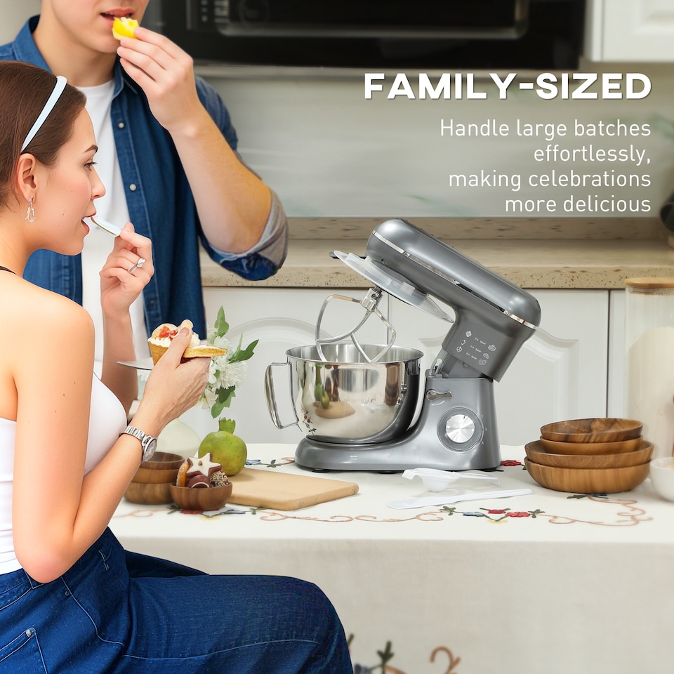 image 1 of HOMCOM Stand Mixer, 4.5L Food Mixer for Baking, 6 Speeds and Pulse Setting, 1300W Cake Electric Whisk with Dough Hook, Whisk, Stainless Steel Bowl, Splash Guard, Beater, Silver Tone | Silver