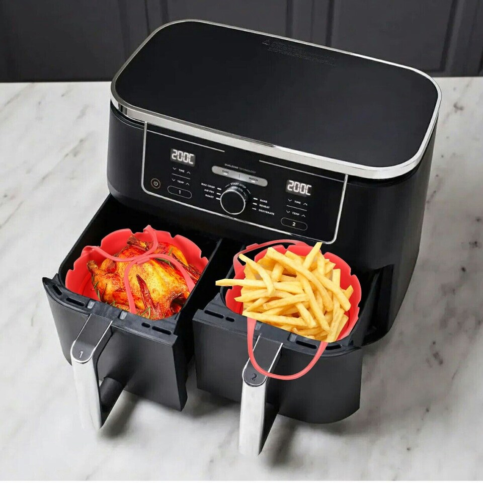 image 1 of SPARES2GO Air Fryer Basket Liner Silicone Round Tray Pot (Red, 4 Compartments)