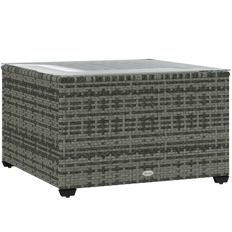 image 1 of Outsunny Outdoor Coffee Table with Glass Top, Rattan Side Table, Light Grey