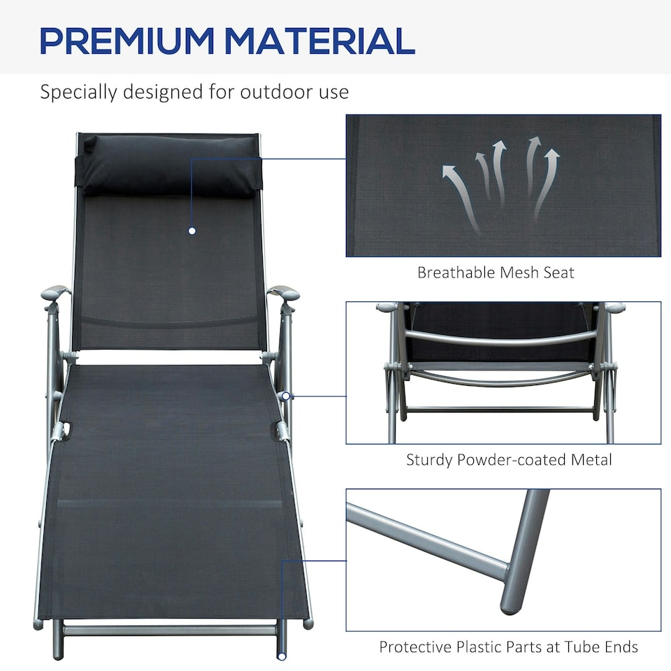 image 1 of Outsunny Sun Lounger Recliner w/ Pillow Foldable 7 Levels Textilene Black