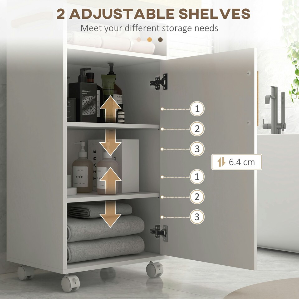 image 1 of kleankin Bathroom Storage Cabinet with Cushioned Door and Wheels, White