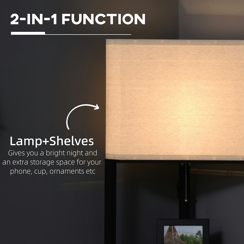 image 1 of HOMCOM Corner Modern Floor Lamp with Shelves for Living Room, Bedroom, Black