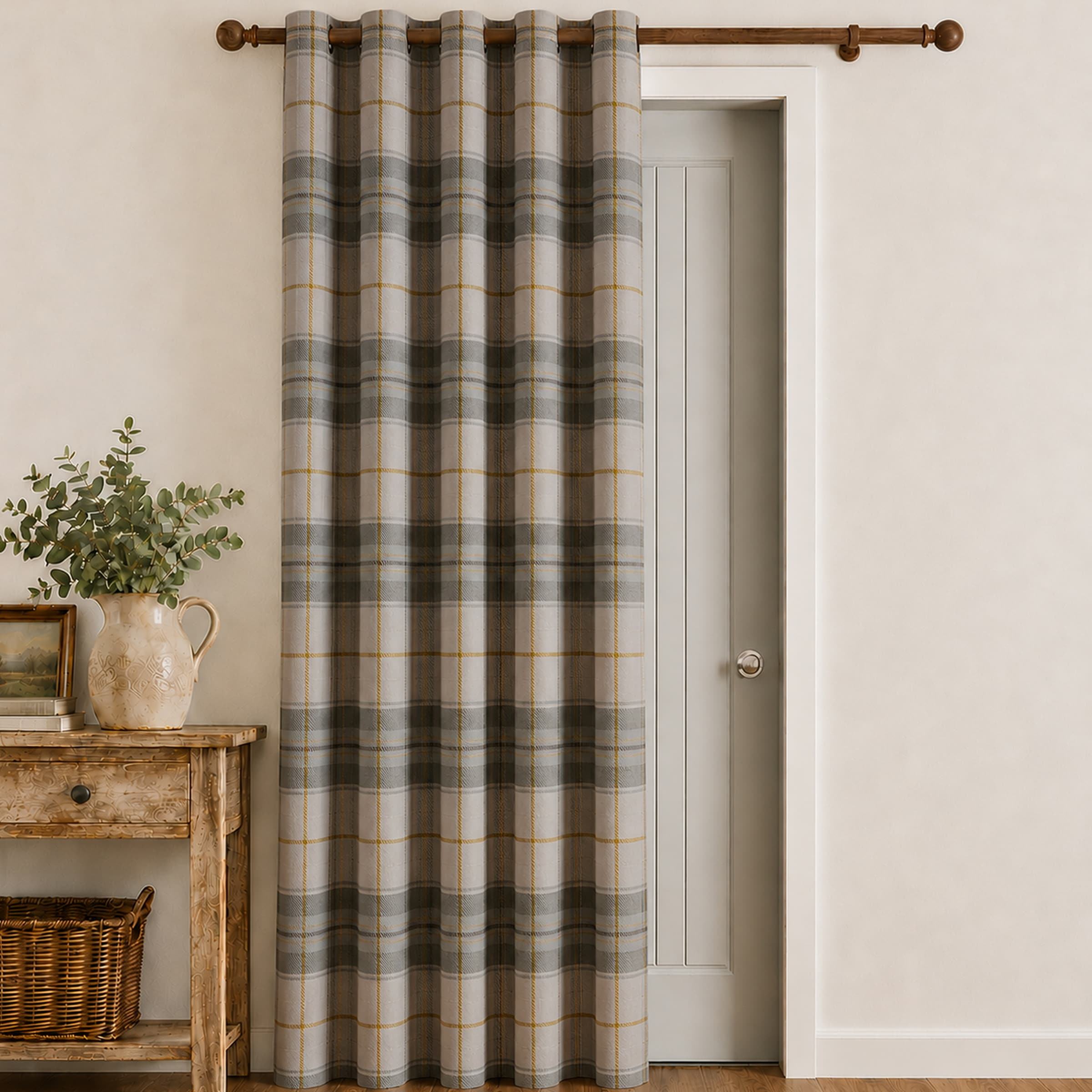 Catherine Lansfield 'Brushed Woven Glencoe Check' Thermal Eyelet Door Panel in Green | Size: 117 cm width x 214 cm drop