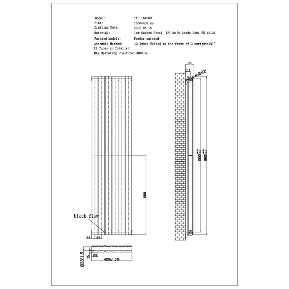 image 1 of Typhoon Axis Horizontal Double Panel Bathroom Radiator - White (H) 408mm x (W) 1600mm