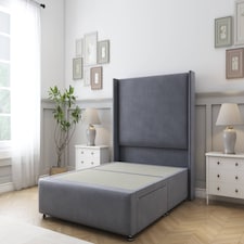 Sloomy Stratford Steel Plush Divan Bed Base No Drawers With 54 Inch Wingback Headboard & 12 Inch Matching Footboard | Grey | Steel | Small Double | 1