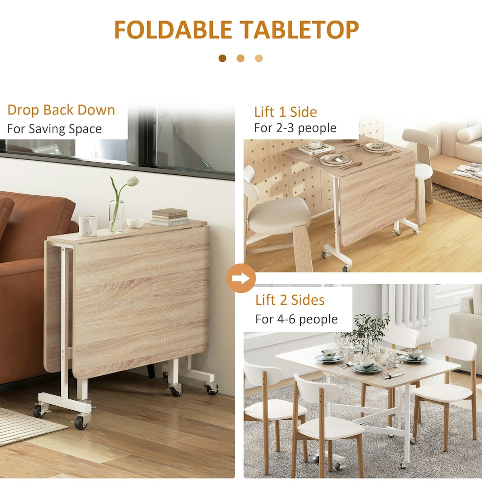 image 1 of HOMCOM Drop Leaf Table with 6 Wheels Folding Dining Table, Oak