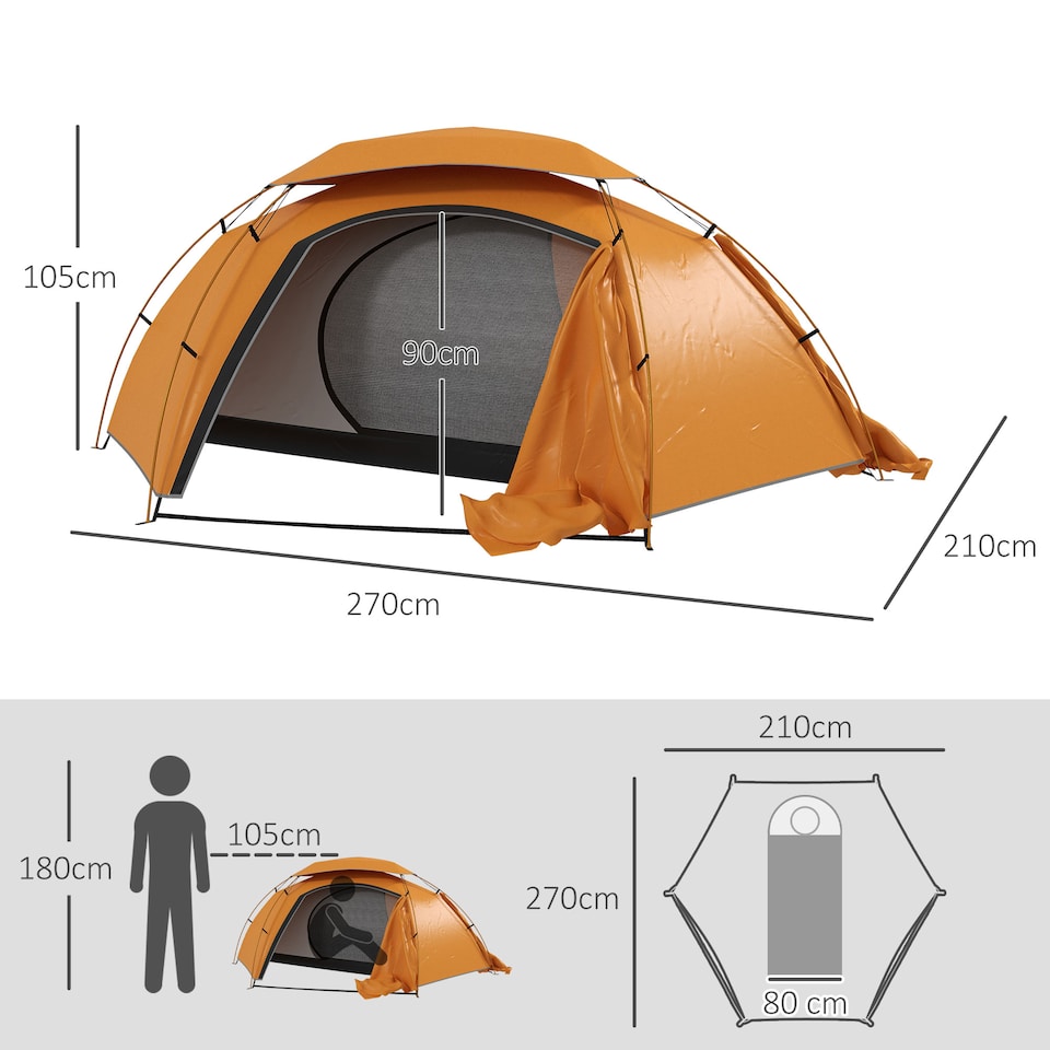 image 1 of Outsunny Camping Tent Dome Tent with Removable Rainfly for 1-2 Man, Orange