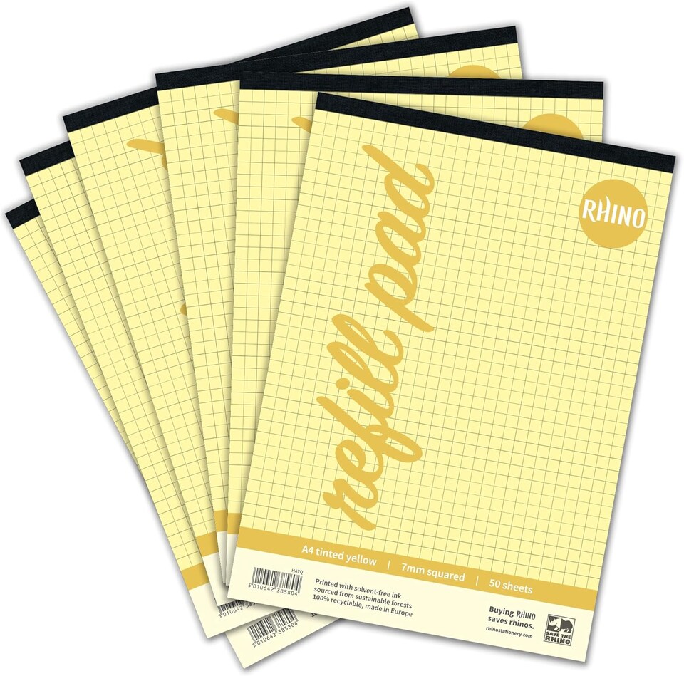 image 1 of Rhino 100 Page 7mm Squared Paper Refill Pad Yellow A4 36 Pack