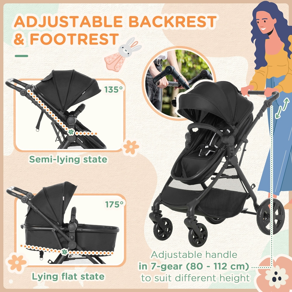 image 1 of HOMCOM 2 in 1 Pushchair Stroller w/ Reversible Seat Single Hand Foldable Black