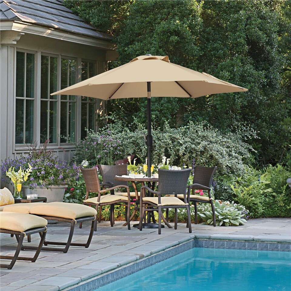 image 1 of Yaheetech 230 cm Patio Umbrella with 6 Ribs Push Button Tilt and Crank-Tan