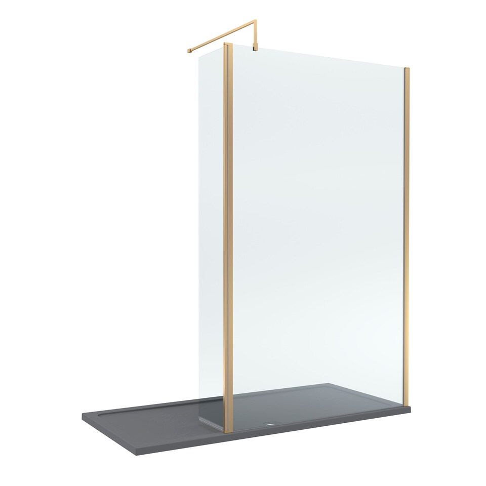 8mm Glass Wetroom Screen, Return Brushed Brass and Tray 1700 x 800mm | Copper | Brushed Brass