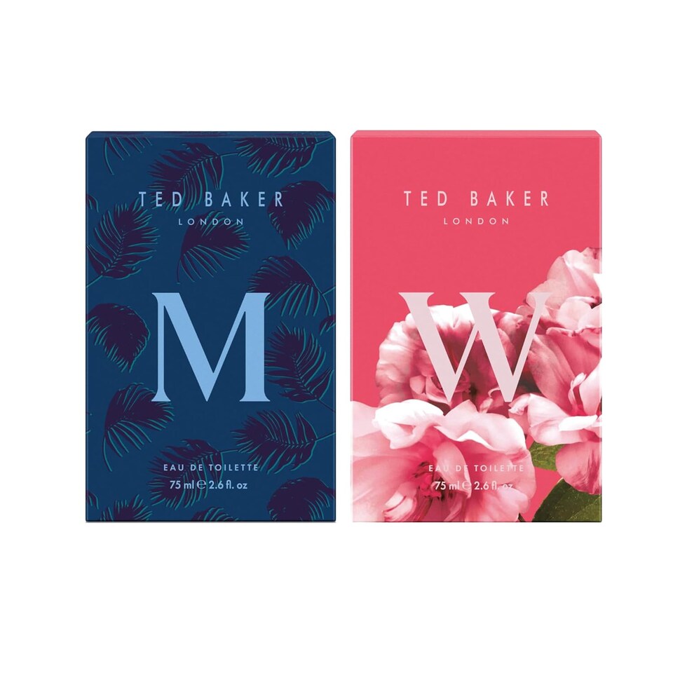 image 1 of Ted Baker M and W EDT Bundle, Woman and Man Eau De Toilette, Includes M with Unique Notes of Tonka Bean and Musk, W with Notes of Fig Leaf, White Peony and Violet, 2 x 75ml | Black | 2