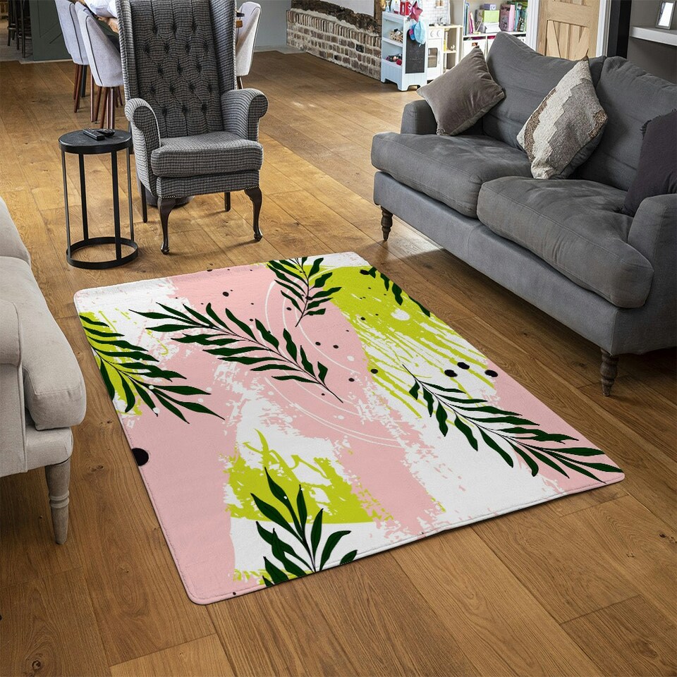 image 1 of Green Leaves on Brush Strokes (Rug) Green | XL: 160x230cm