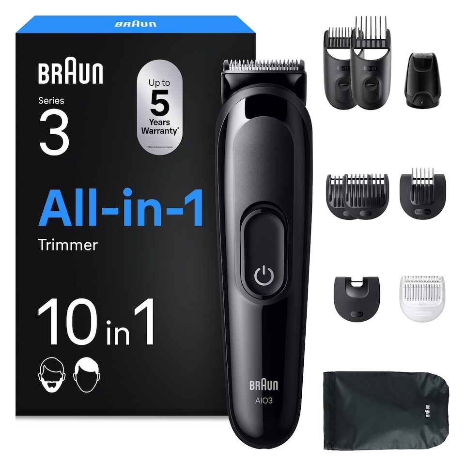 image 1 of Braun All-in-One Series 3, 10in1 Grooming Kit, Sharp Blade, 14 Lengths, AIO3560, Black