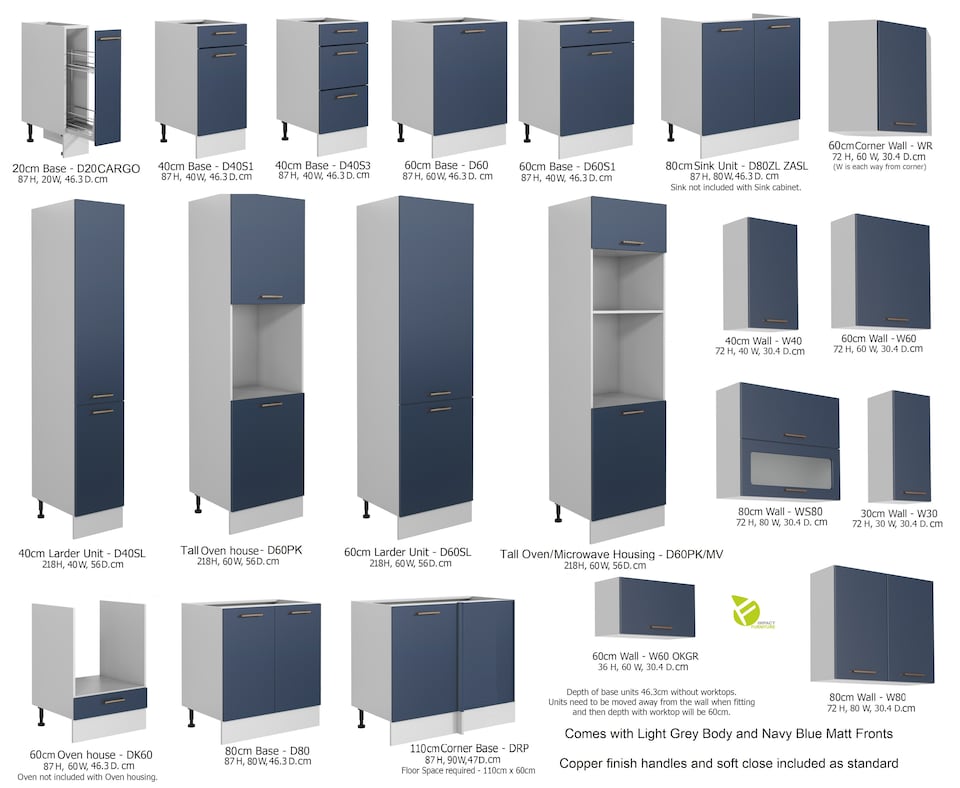 image 1 of Nora Kitchen Base Cabinet Unit 2 Door - Navy Blue W463xH870mm