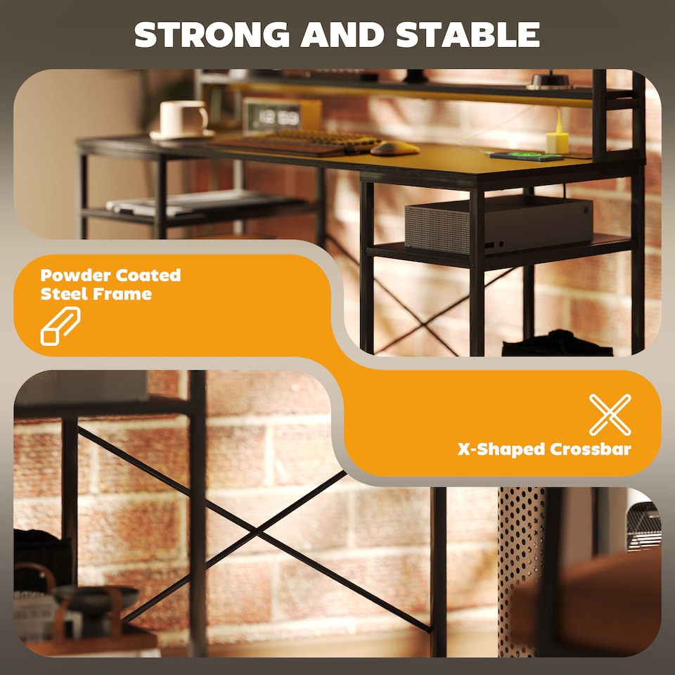 image 1 of HOMCOM Computer Desk with Power Outlets and LED Lights, Home Office Desk with Monitor Stand, 2 CPU Stands and Storage Shelves, Study Table Gaming Desk with Hutch, Black | Black