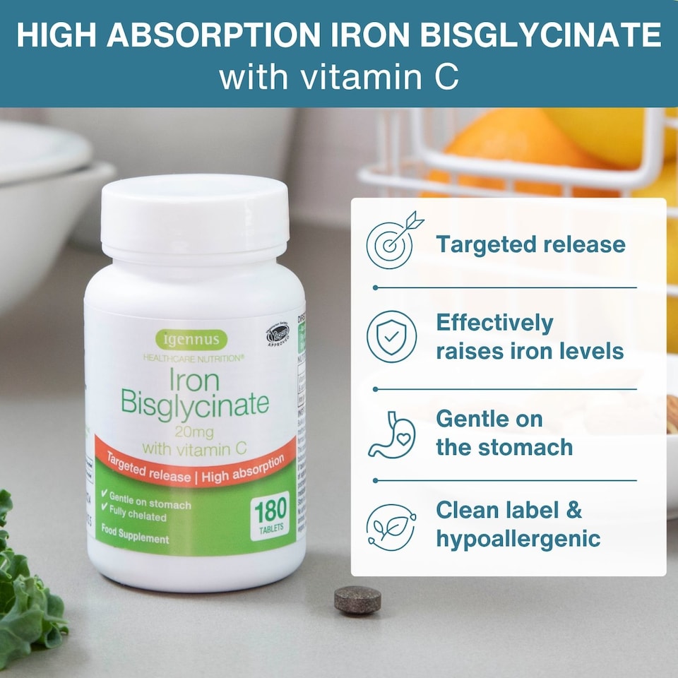 image 1 of Igennus Iron Bisglycinate 20mg with Vitamin C, High Absorption & Gentle Iron, Targeted Release, One-a-day, Vegan, 180 Tablets