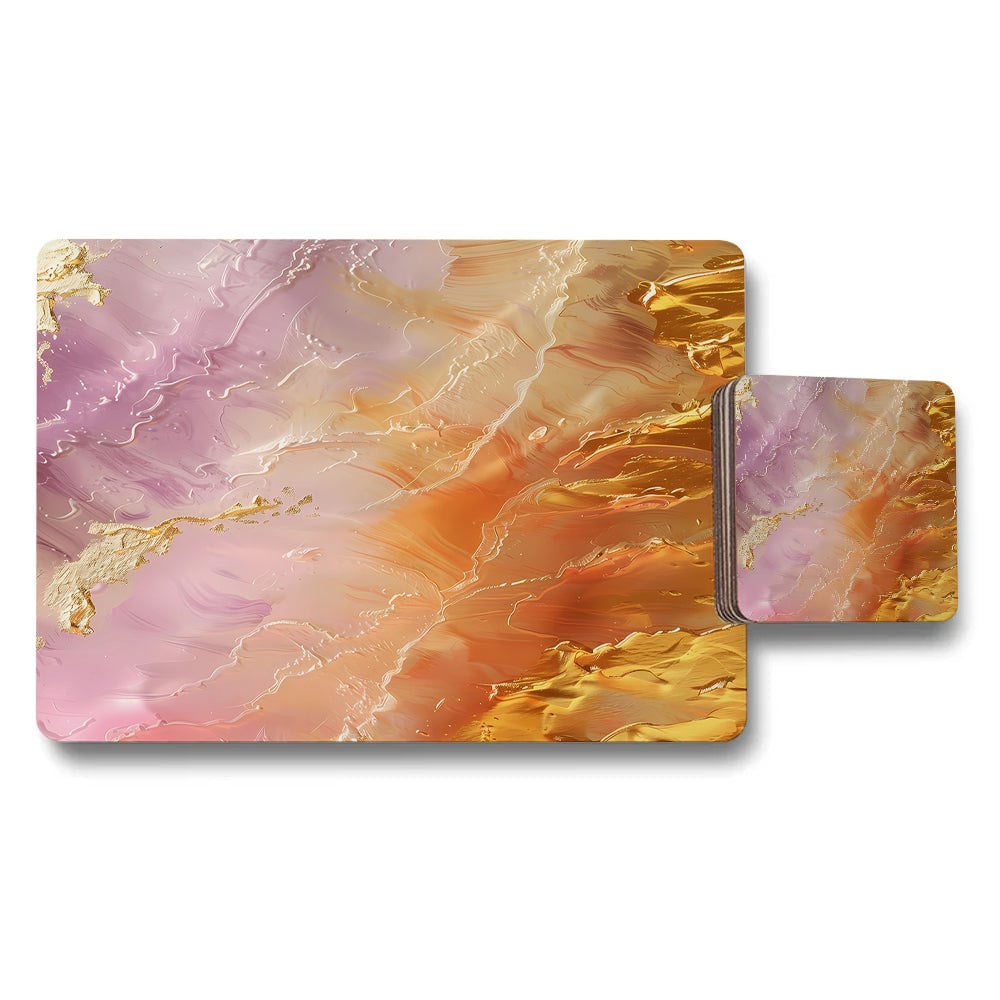 Gold Pink Marble Placemat And Coaster Set Wood Bottom High End Print Artwork 12 Piece