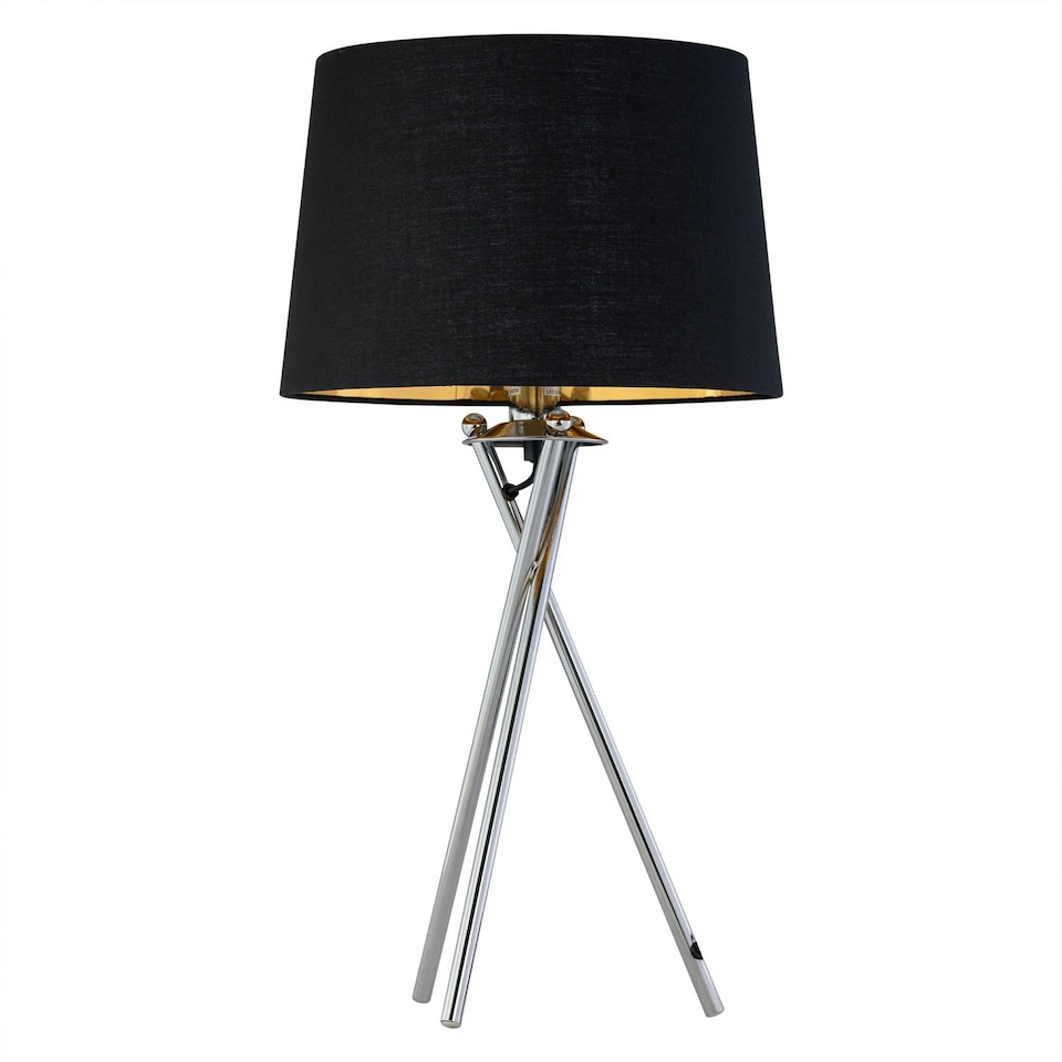 image 1 of Set of 2 Tripod - Chrome Lamps with Black & Gold Fabric Shade Chrome | Black
