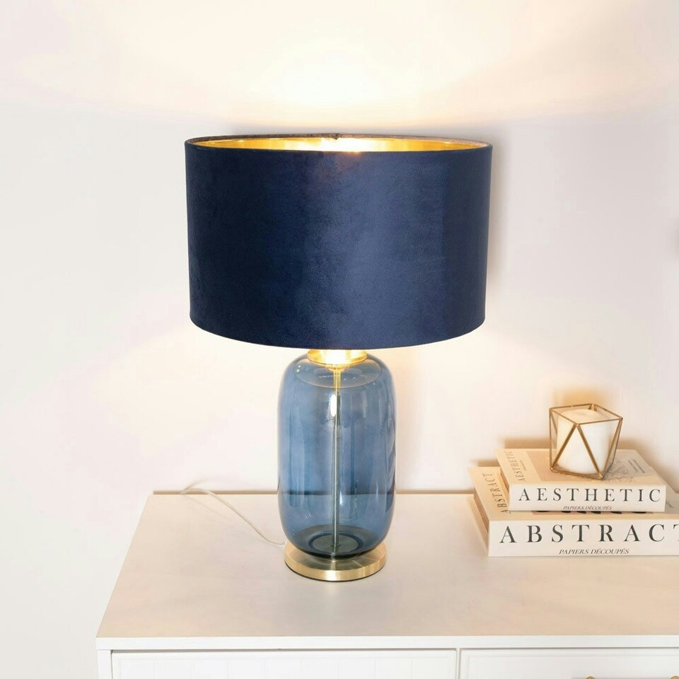 image 1 of ValueLights Leigh Navy Blue and Gold Glass Table Lamp with Navy Velvet and Gold Inner Shade