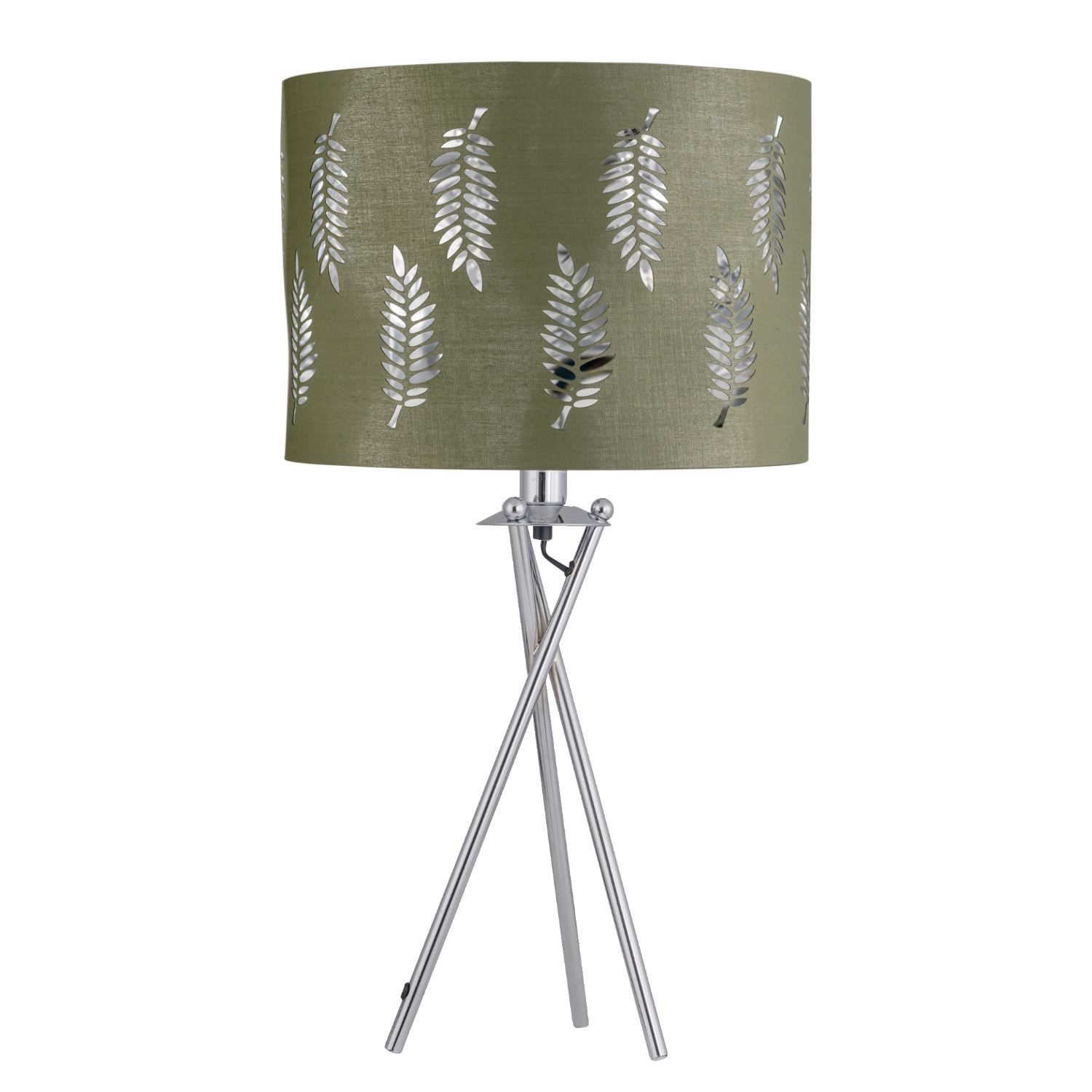 First Choice Lighting Chrome Tripod Table Lamp with Sage Green Fern Cut Out Shade in Silver
