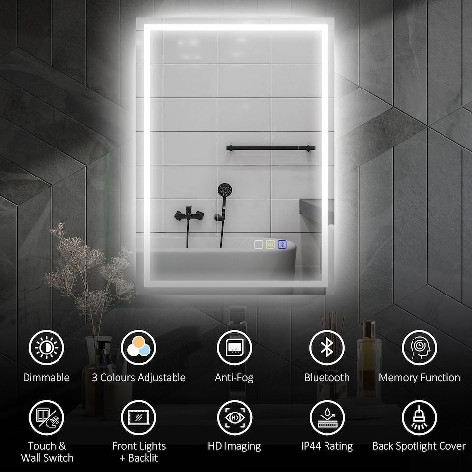 image 1 of HOMCOM 500 x 700 mm Bluetooth LED Bathroom Mirror, Illuminated Backlit Vanity Mirror with 3 Colours Dimmable, Anti-Fog, Memory Function, Touch Sensor, IP44 | Silver
