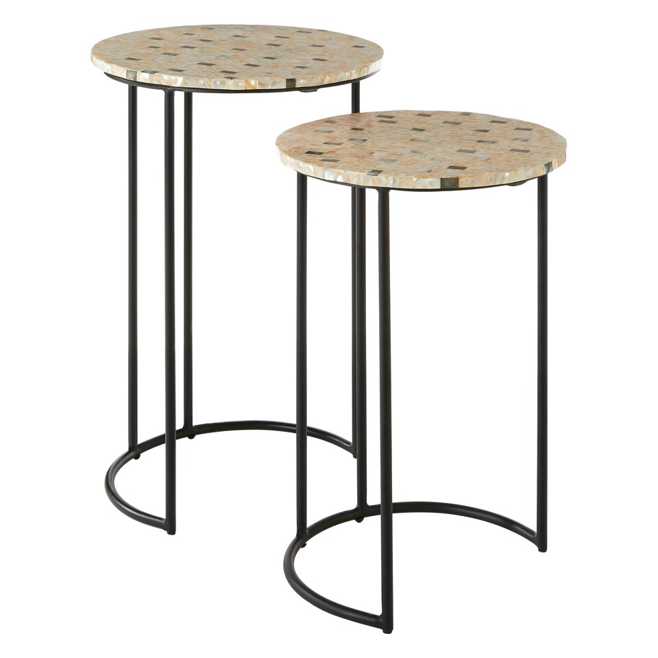 image 1 of Interiors by Premier Set of 2 Pearl Side Nesting Tables, Round Top Tables with Black Iron Legs, Couch Side Tables for Living Room