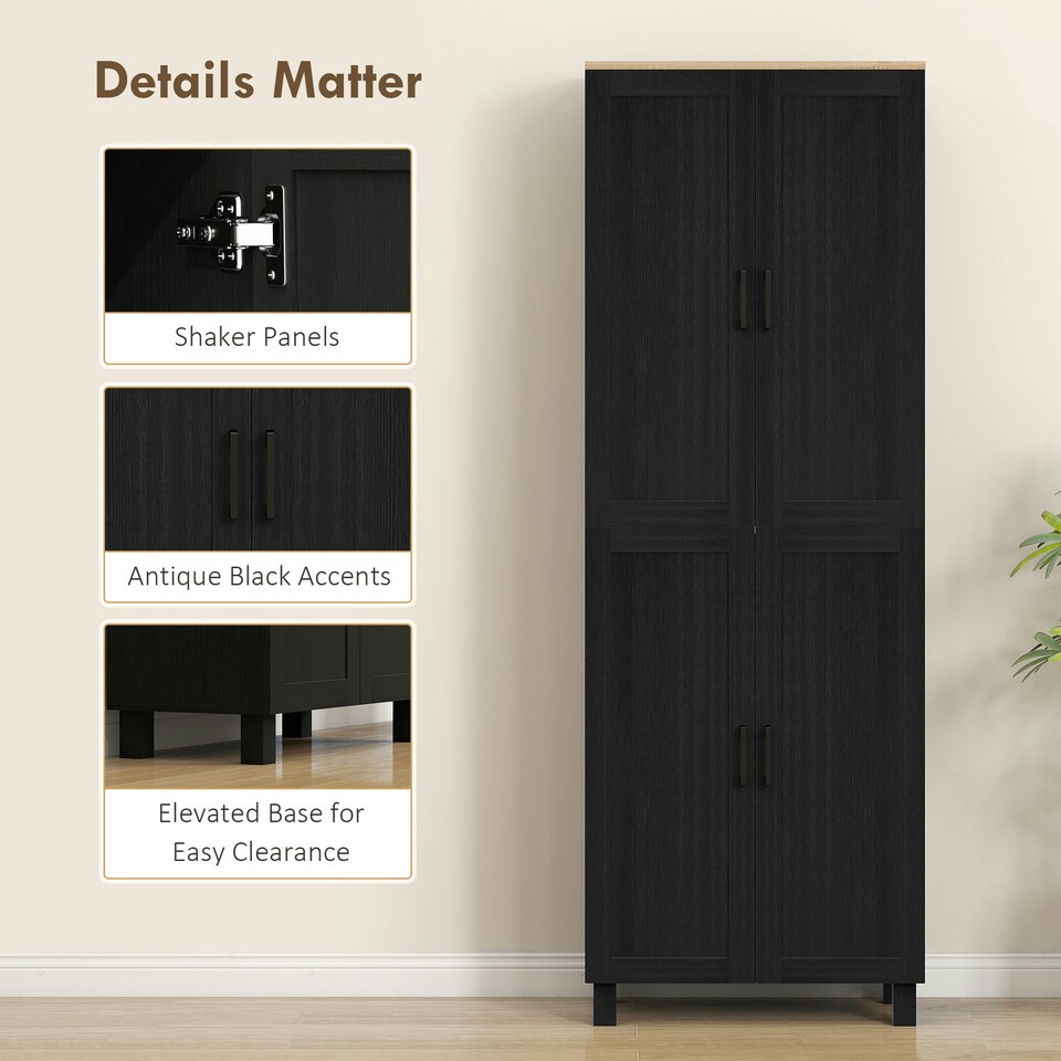 image 1 of HOMCOM Modern Kitchen Cupboard Storage Cabinet with 4 Shelves, Black Black | Natural wood top