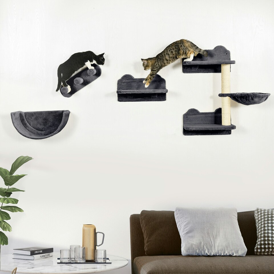 image 1 of PawHut Wall Mounted Cat Tree 4PC Kitten Activity Centre with Sisal Dark Grey
