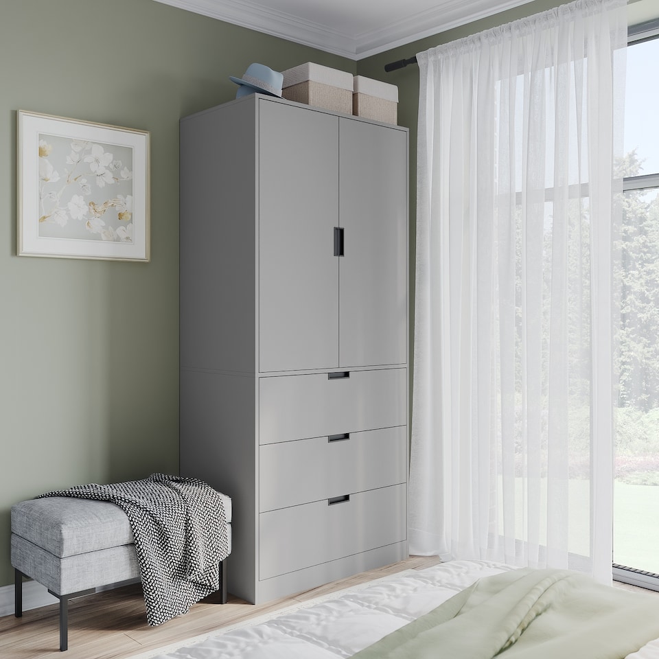 image 1 of 2 Door 3 Drawer Wardrobe with Hanging Rail - Modern Bedroom Storage Furniture | Grey | Grey with Grey Doors | 1