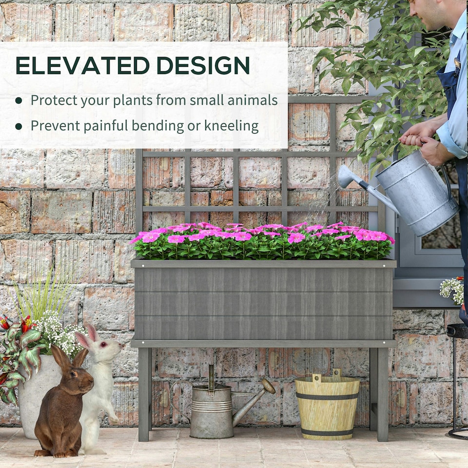 image 1 of Outsunny Wood Raised Planter w/ Trellis Drain Holes Elevated Garden Bed Grey