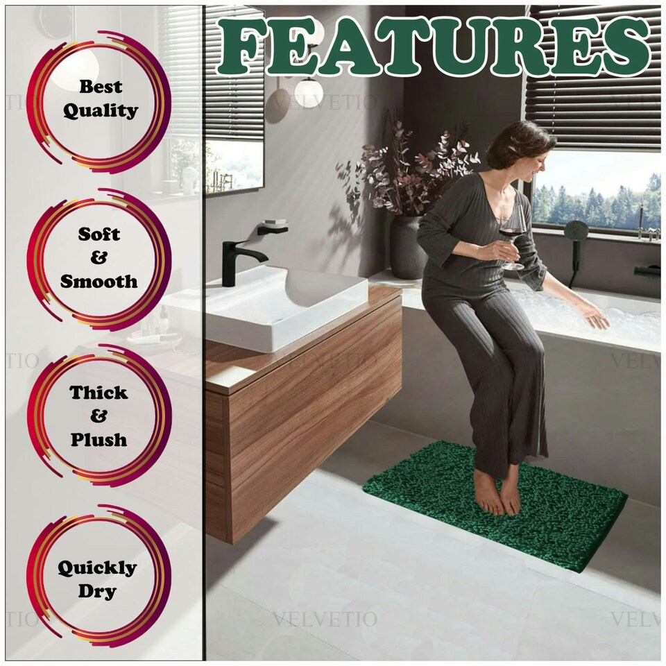 image 1 of VELVETIO Loop Bath Set Anti Slip Water Absorbent Soft Bathroom Rugs Green | Dark Green