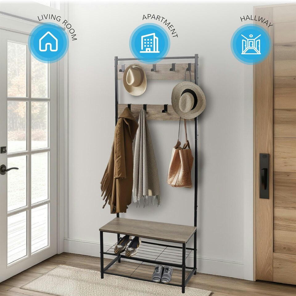 image 1 of Coat Rack Stand with Shoe Storage Bench 9 Hooks Rustic Light Brown Entrance Hall House of Home Brown | Light Rustic Brown | One Size