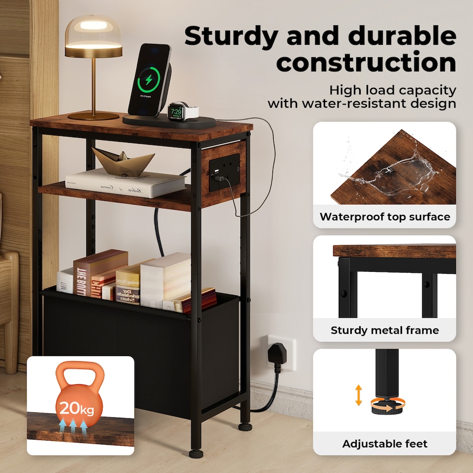 image 1 of Slim Side Table with Charging Station Storage Narrow End Table Sofa Living Room