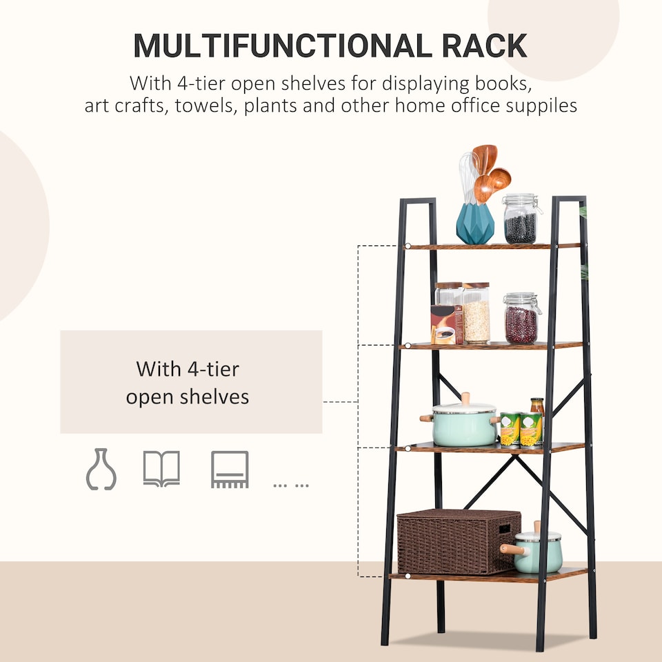 image 1 of HOMCOM Ladder Shelf, Bookshelf, 4-Tier Industrial Storage Rack for Living Room, Bedroom, Kitchen, Rustic Brown and Black