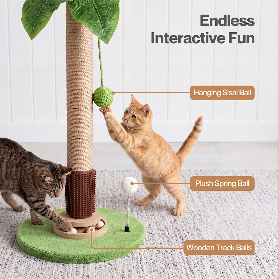 image 1 of Skylos Cat Scratching Post Palm Tree Cat Scratcher With Brush Toy Indoor Green
