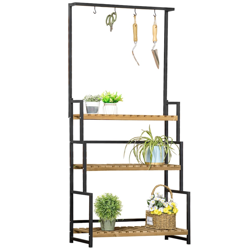 image 1 of Outsunny 3 Tiered Plant Stand Rack with Hanging Hooks for Indoor Outdoor