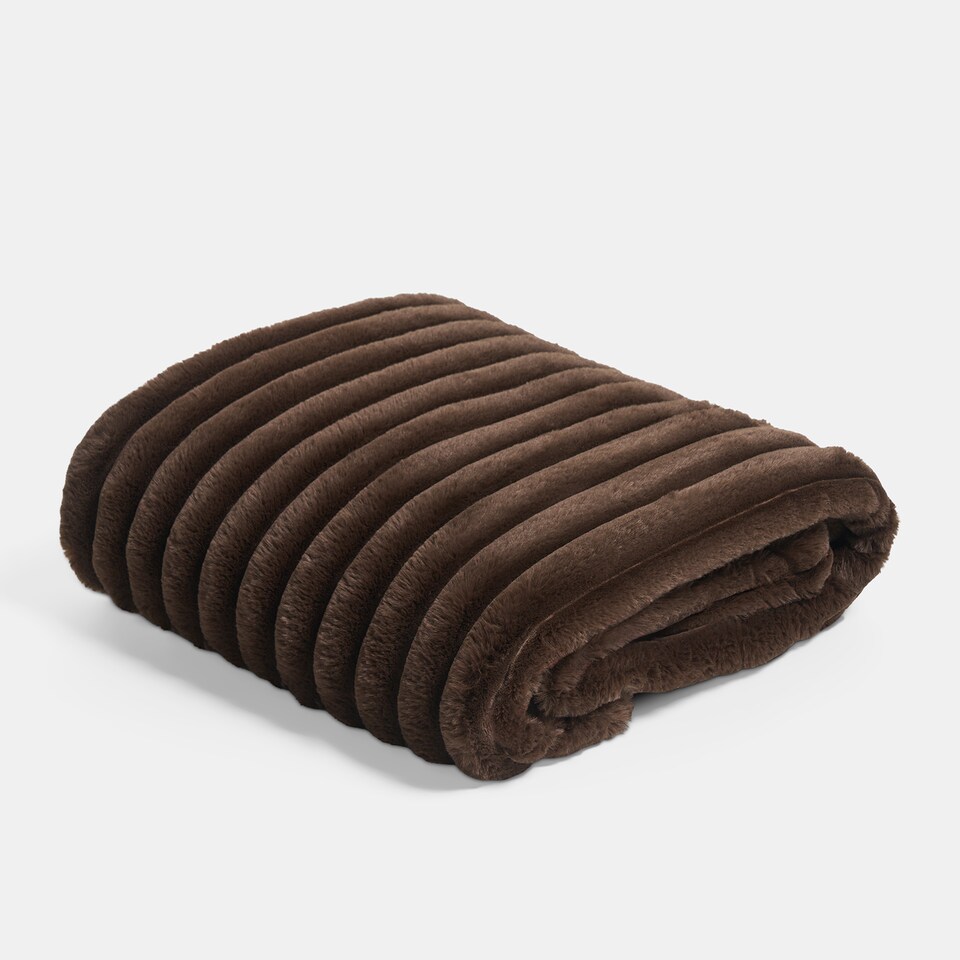 image 1 of OHS Faux Fur Ribbed Fleece Throw Over Bed Blanket Winter Warm Supersoft - 125 x 150cm | Brown | Chocolate