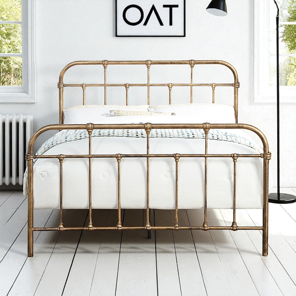 image 1 of Camden Victorian Hospital Style Distressed Antique Brass Effect Metal Bed Frame | Bronze | Antique Brass | Small Double