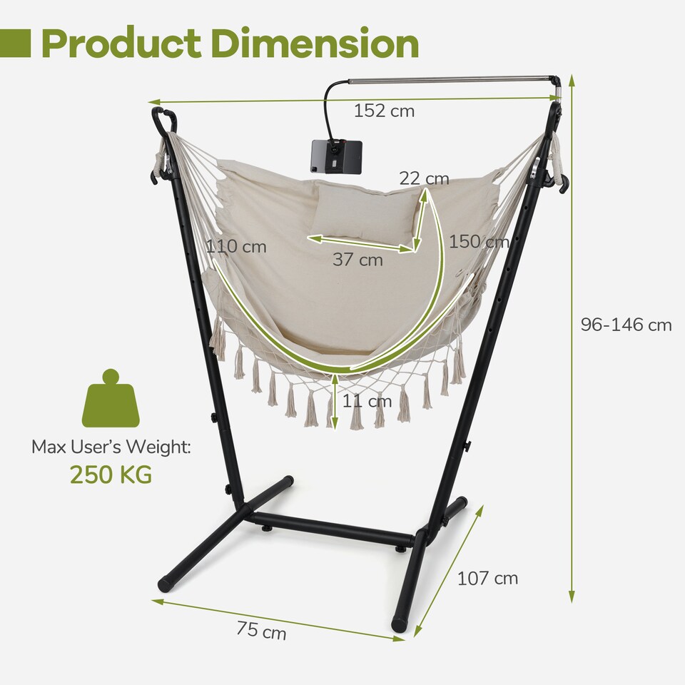 image 1 of COSTWAY Hammock Chair with Stand Height Adjustable Hanging Chair