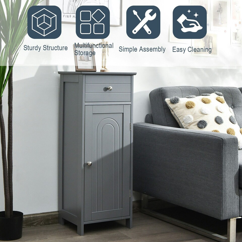 image 1 of COSTWAY Bathroom Storage Cabinet Wooden Cupboard Grey Grey
