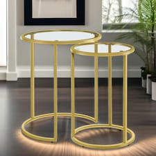 Set Of 2 Round Gold Nesting Tables With Tempered Glass | Gold